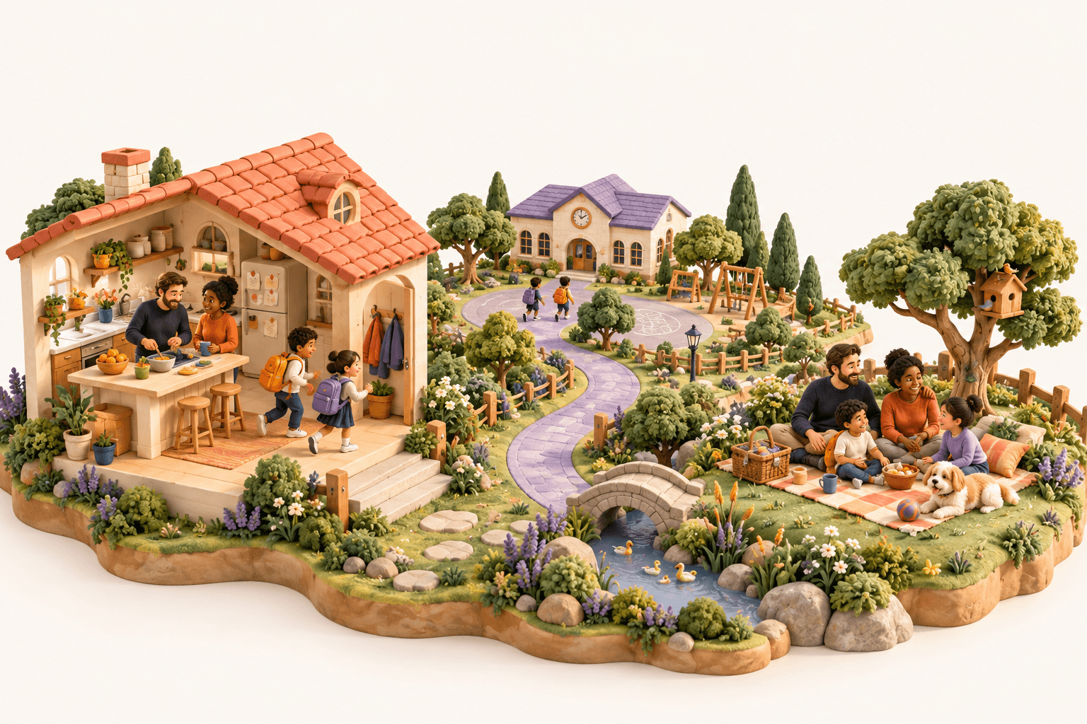 An illustrated family world connecting home, school and a picnic in the park