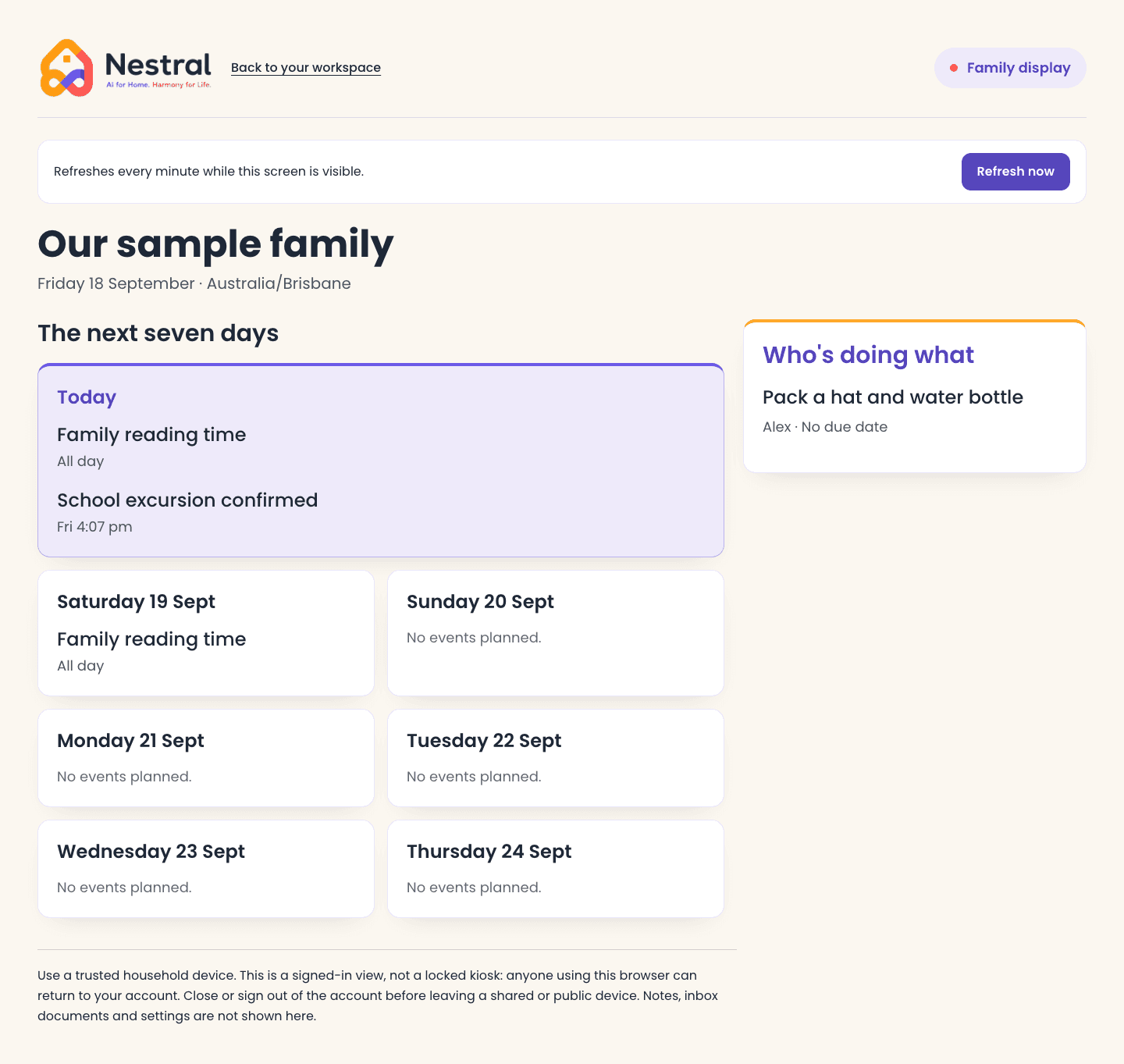 Nestral household display showing sample upcoming events and open tasks